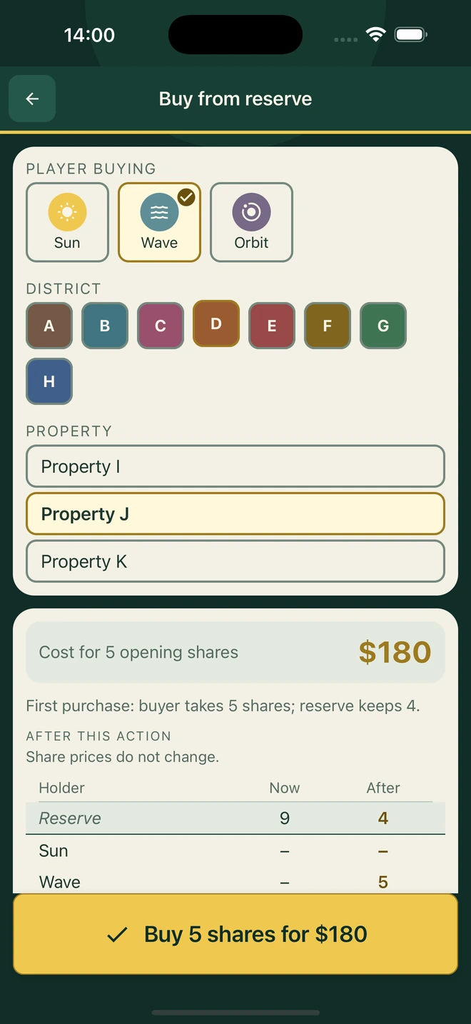 Equity Empires on iPhone: a share-purchase preview showing the price and resulting ownership before confirmation.